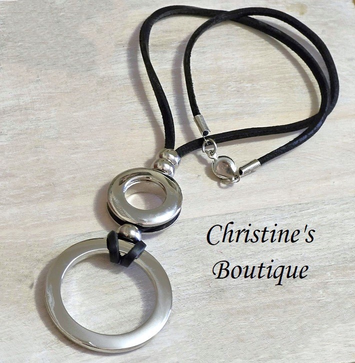 Modernist necklace handcrafted necklace, black leather and stainless steel 19" necklace - Click Image to Close