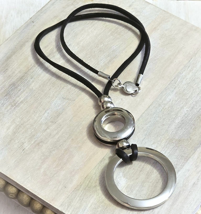 Modernist necklace handcrafted necklace, black leather and stainless steel 19" necklace