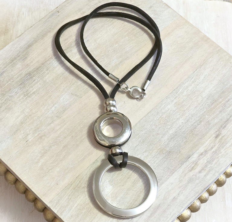Modernist necklace handcrafted necklace, black leather and stainless steel 19" necklace