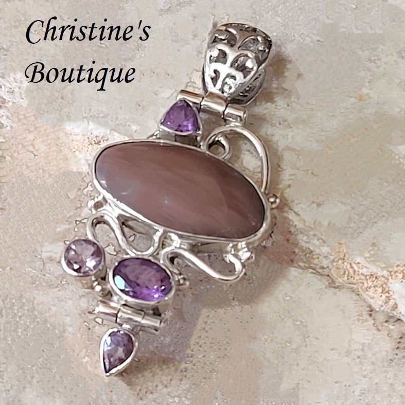 Amethyst and Gemstone Sterling Silver Pendant 2"