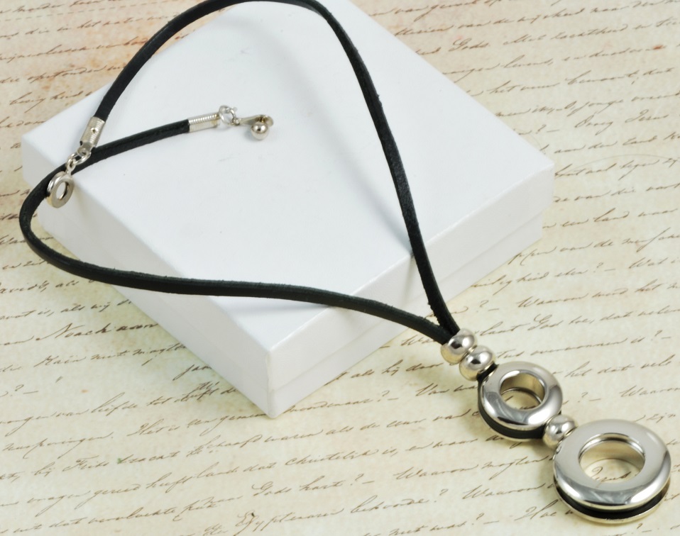 Black Leather and Stainless Steel Modern Necklace 16"