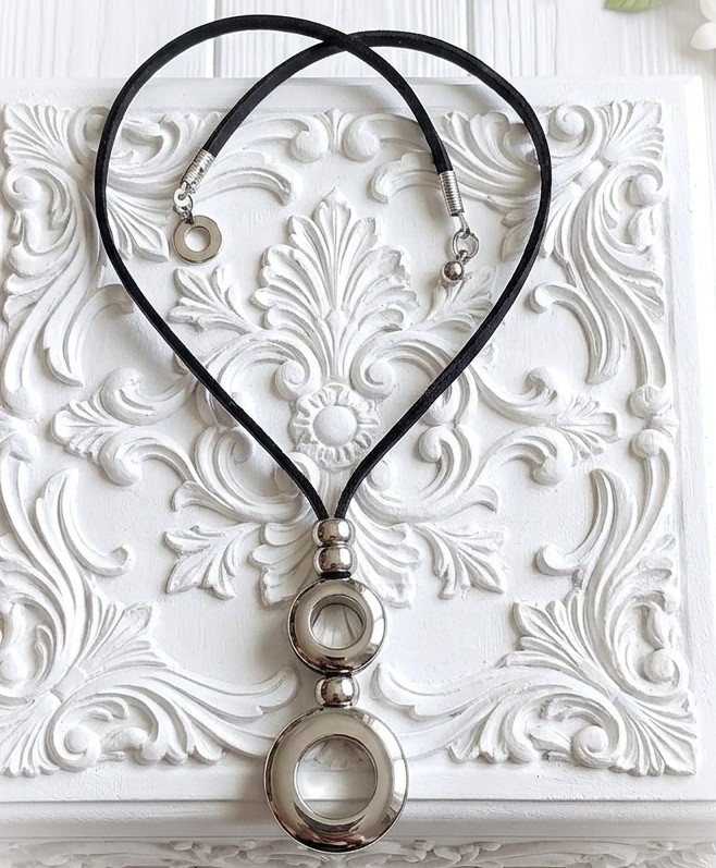 Modernist necklace handcrafted necklace, black leather and stainless steel 16" necklace