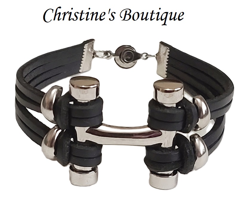 Modernist bracelet handcrafted bracelet, black leather and stainless steel 8.5" bracelet