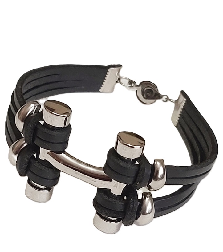 Modernist bracelet handcrafted bracelet, black leather and stainless steel 8.5" bracelet