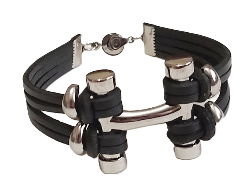 Modernist bracelet handcrafted bracelet, black leather and stainless steel 8.5" bracelet