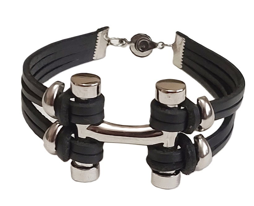 Modernist bracelet handcrafted bracelet, black leather and stainless steel 8.5" bracelet