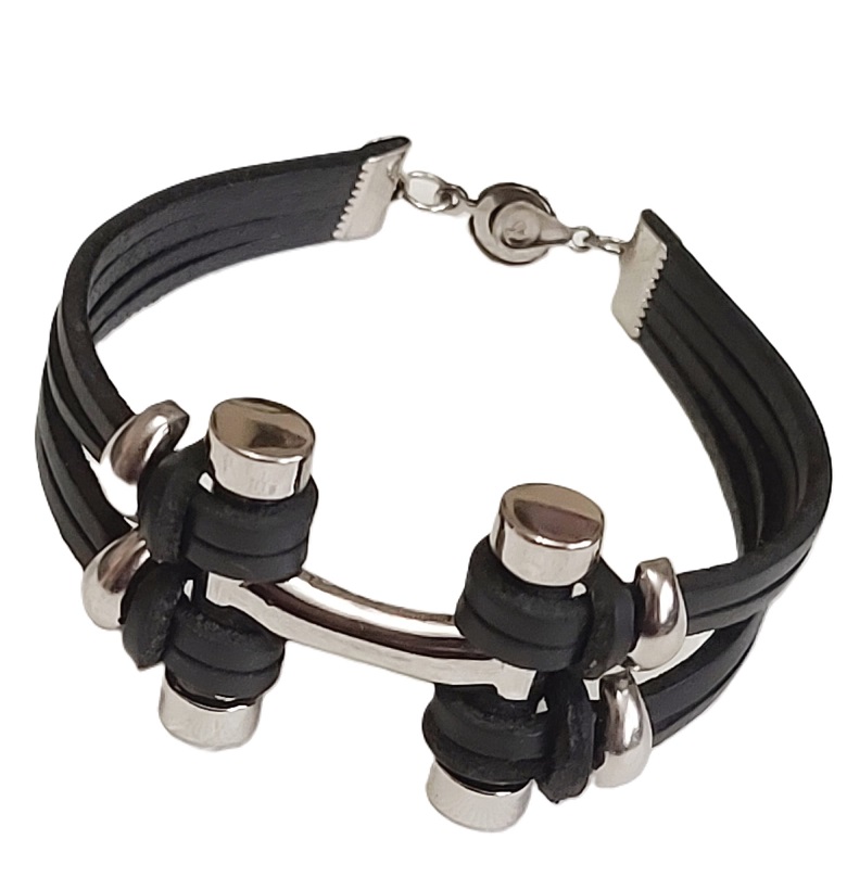 Modernist bracelet handcrafted bracelet, black leather and stainless steel 8.5" bracelet
