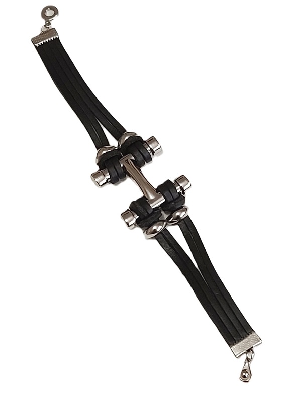 Modernist bracelet handcrafted bracelet, black leather and stainless steel 8.5" bracelet