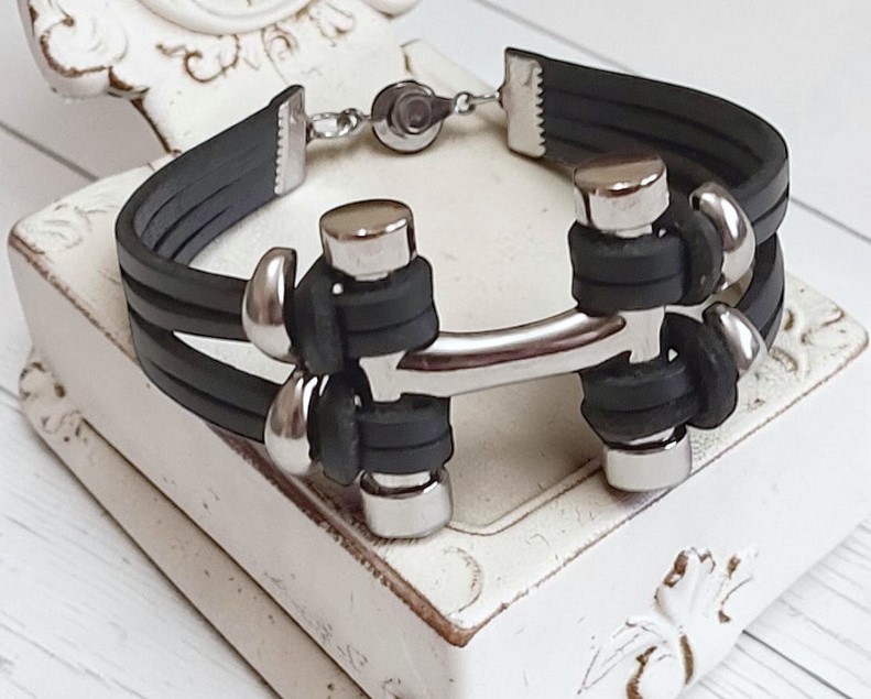 Modernist bracelet handcrafted bracelet, black leather and stainless steel 8.5" bracelet