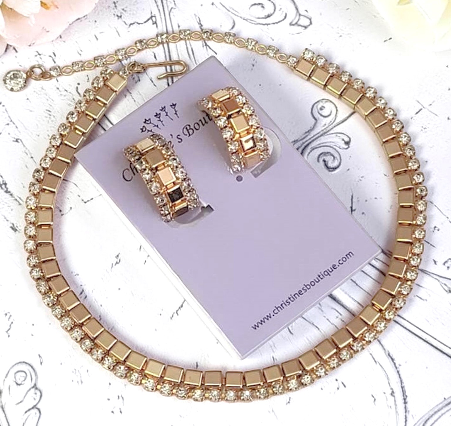 Rhinestone vintage choker necklace and matching earrings