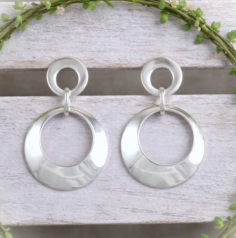 Double Circle Dangling Sterling Silver Earrings