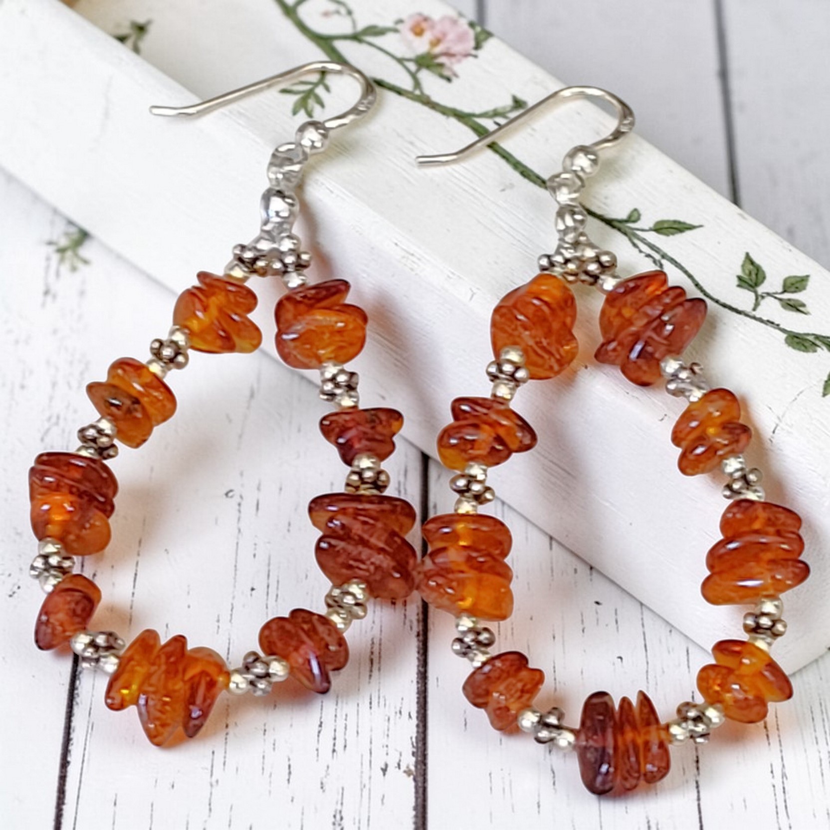 Amber Gemstone Nugget Hoop Earrings 925 Sterling Silver