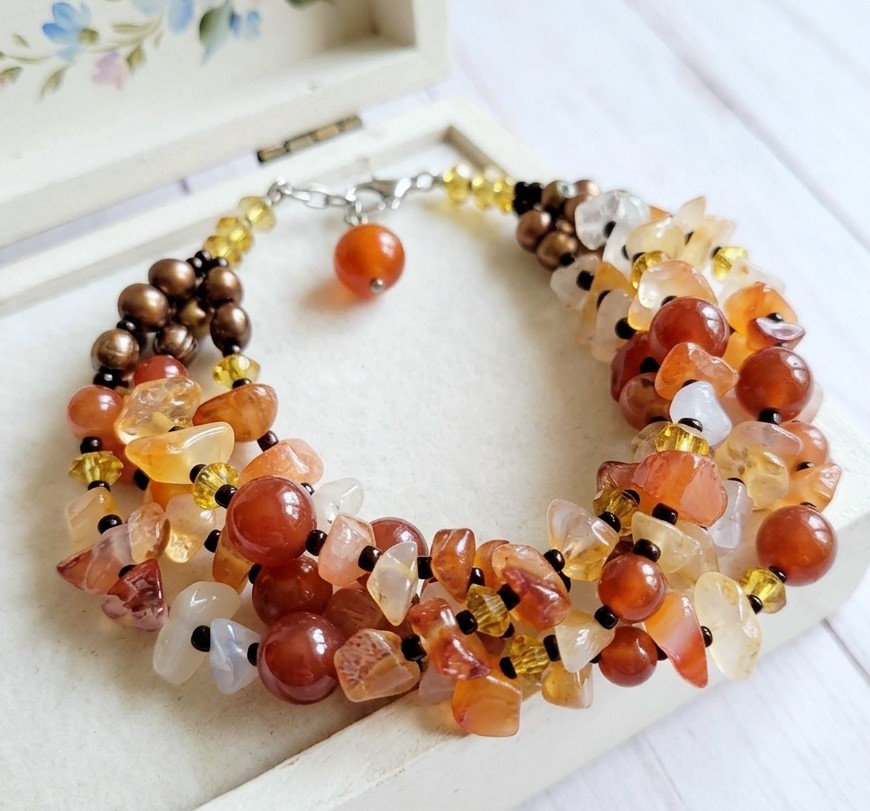 Gemstone bracelet, Agate, carnelian, freshwater pearl, sterling silver clasp