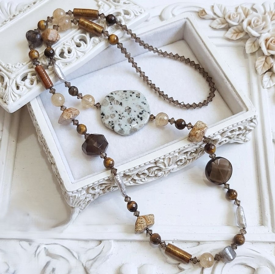 Gemstone Necklace with Jasper, Rutilated Quartz, Smokey Topaz,Tiger Eye 33"
