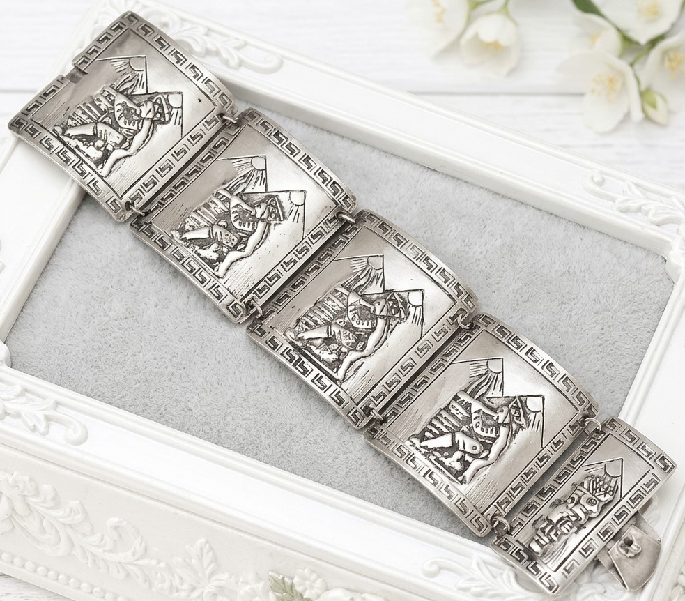 Sterling Silver Bracelet Signed JF Peru with Snake Charmer Motif Panels