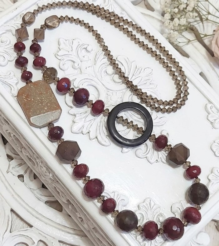 Gemstone Necklace witht Onyx, Rhodonite, Jasper and Smokey Quartz 31"