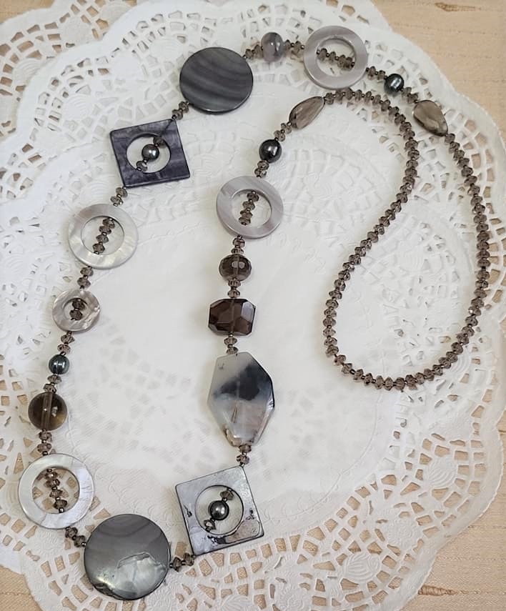 Mother of Pearl, Smokey Quartz & Freshwater Pearls Necklace 36"