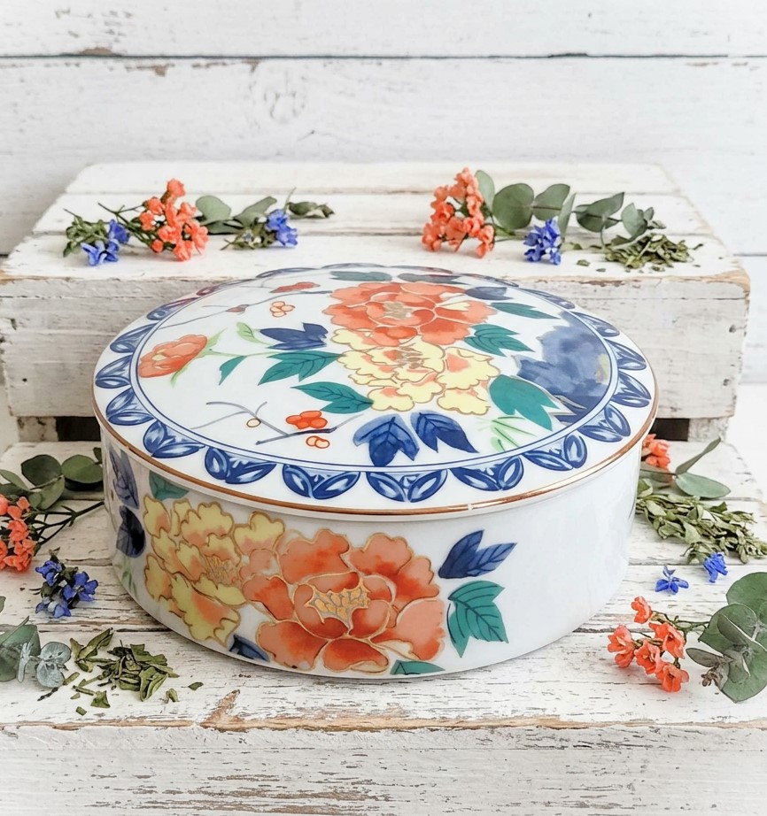 Vintage Handpainted Japanese Porcelain Jewlery Box with bright floral pattern