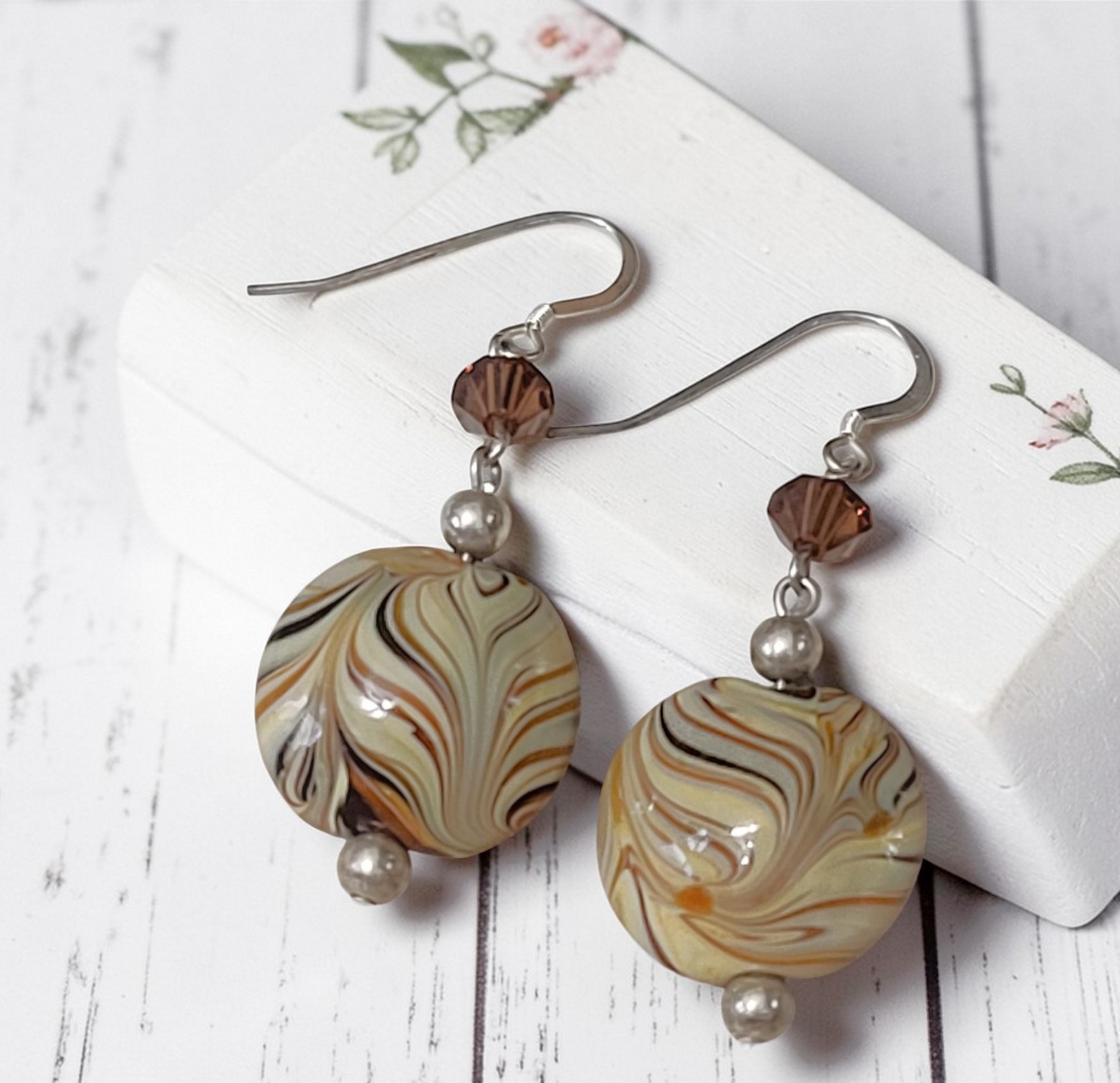 Swirl Glass Beaded Earrings with Silver Ear Hooks