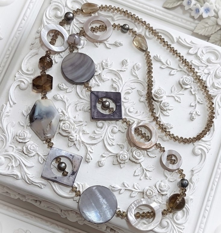 Mother of Pearl, Smokey Quartz & Freshwater Pearls Necklace 36"