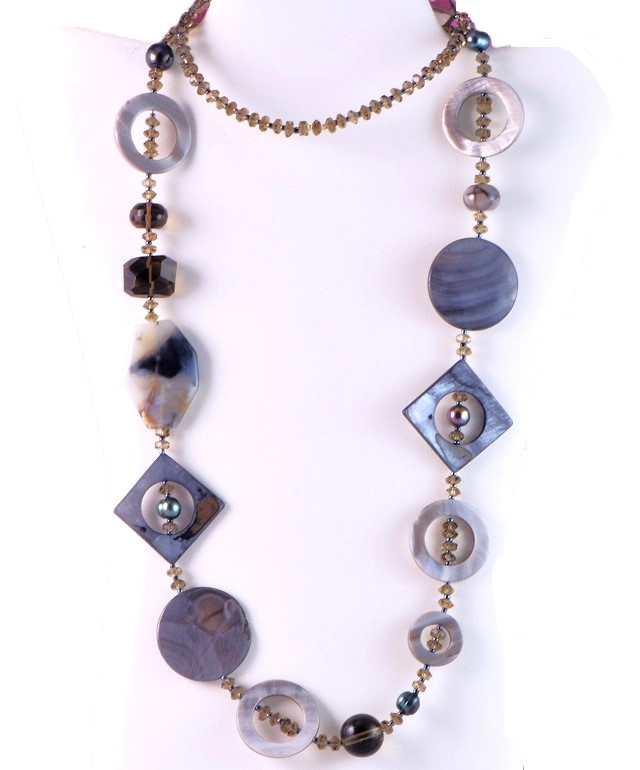 Mother of Pearl, Smokey Quartz & Freshwater Pearls Necklace 36"