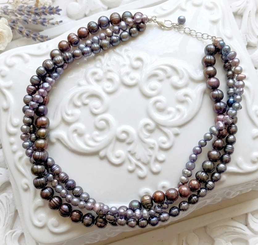 Peacock pearl necklace, multi row freshwater pearls, with sterling silver clasp and extender,