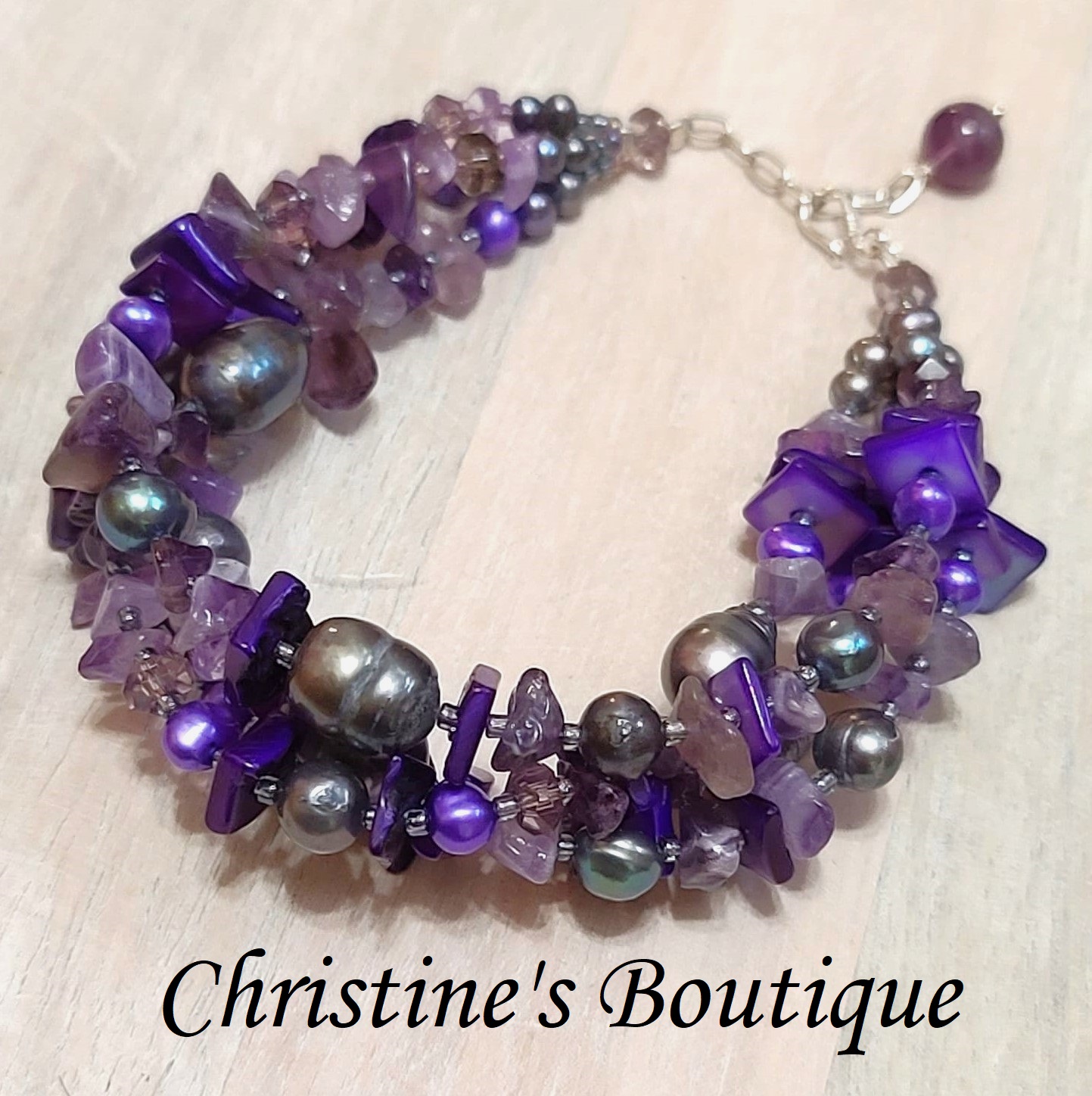 Amethyst bracelet, gemstones, dyed freshwater pearls and crystals multit row
