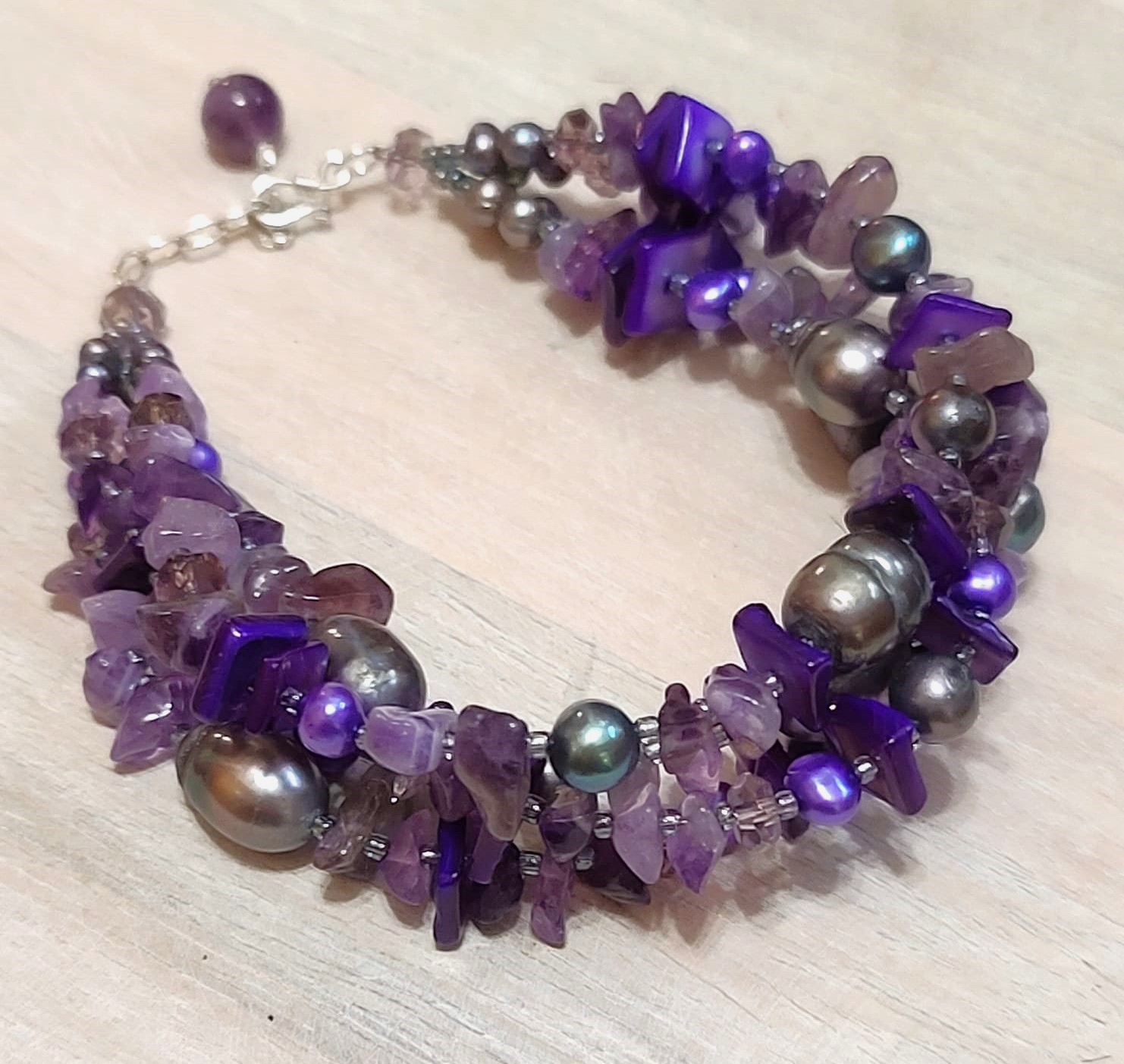 Amethyst bracelet, gemstones, dyed freshwater pearls and crystals multit row