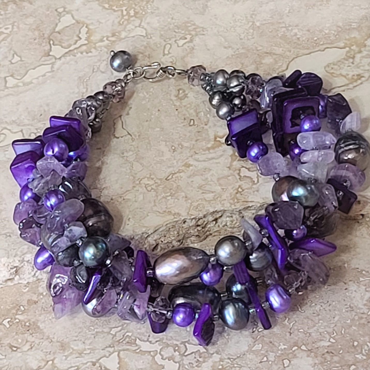 Amethyst Gemstones & Dyed Freshwater Pearls Bracelet