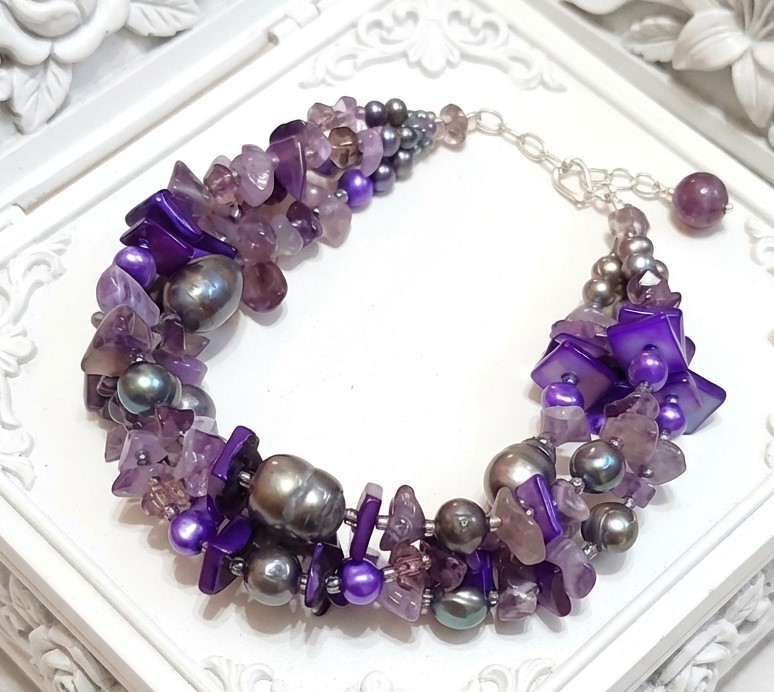 Amethyst bracelet, gemstones, dyed freshwater pearls and crystals multit row