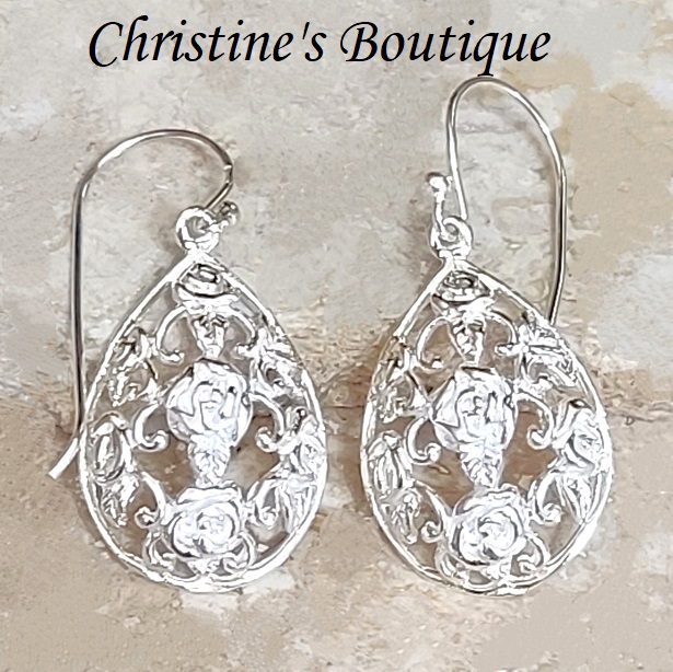 Rose Filigree Sterling Silver Dangle Earrings - Click Image to Close