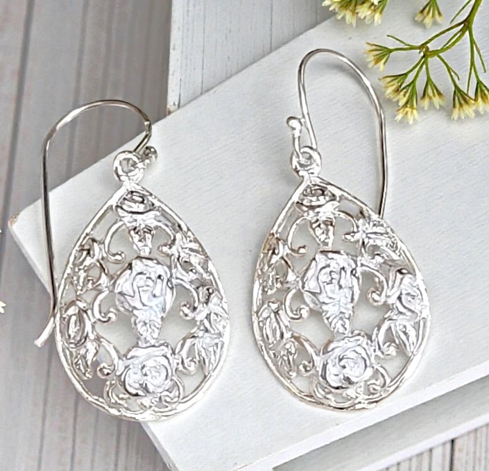 Rose Filigree Sterling Silver Dangle Earrings Rose Filigree Sterling Silver Dangle Earrings