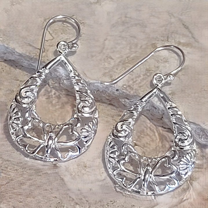 Heart Filigree Open Oblong Sterling Silver Earrings - Click Image to Close