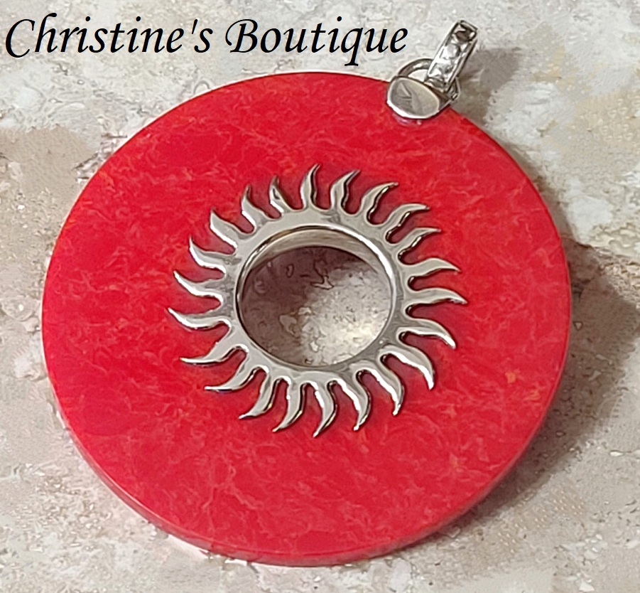Red Sponge Coral Sundial Design 925 Sterling Silver Pendant - Click Image to Close