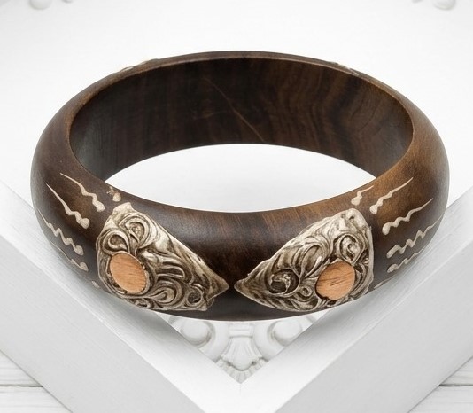 Wood bangle bracelet with copper accents