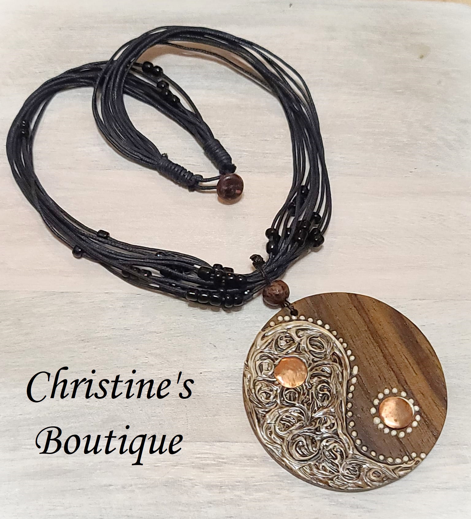 Copper and Wood Necklace Round Pendant - Click Image to Close