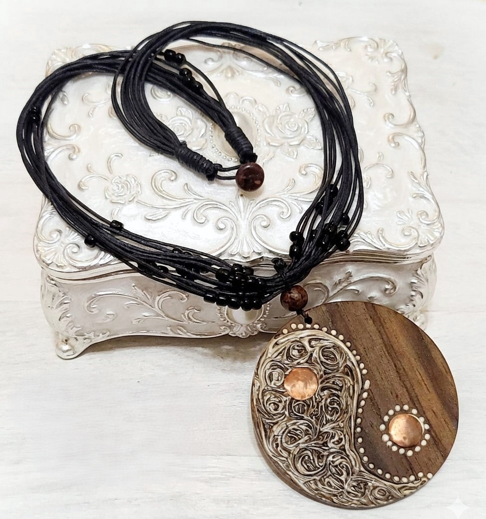 Copper and Wood Necklace Round Pendant