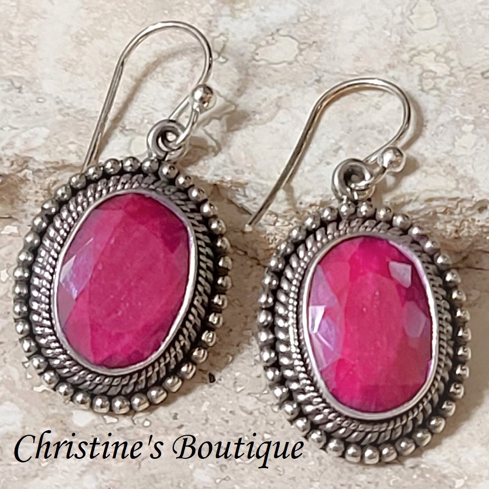 Ruby dangle earrings, rough cut ruby gemstone andd 925 sterling silver earrings