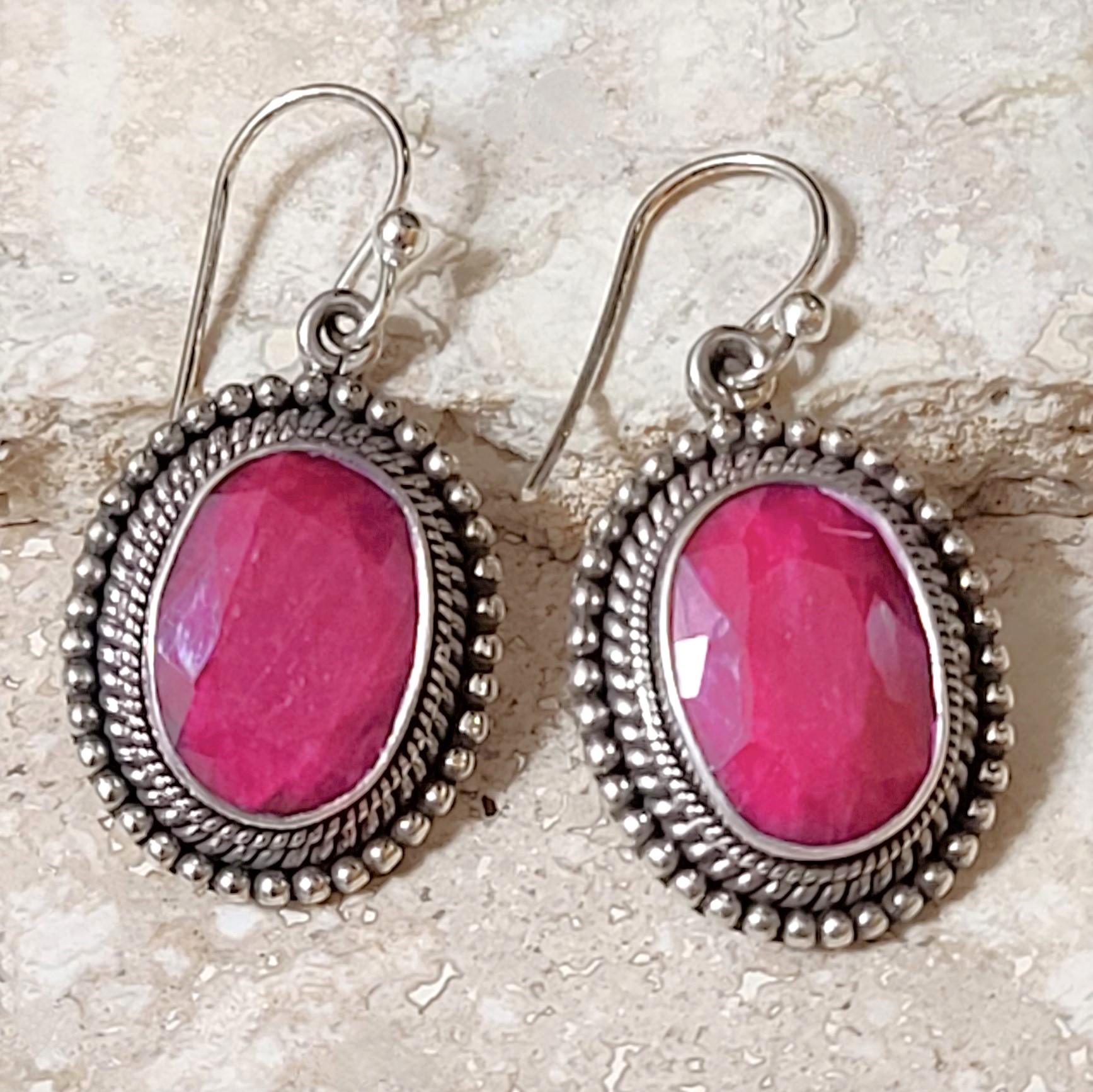 Ruby dangle earrings, rough cut ruby gemstone andd 925 sterling silver earrings