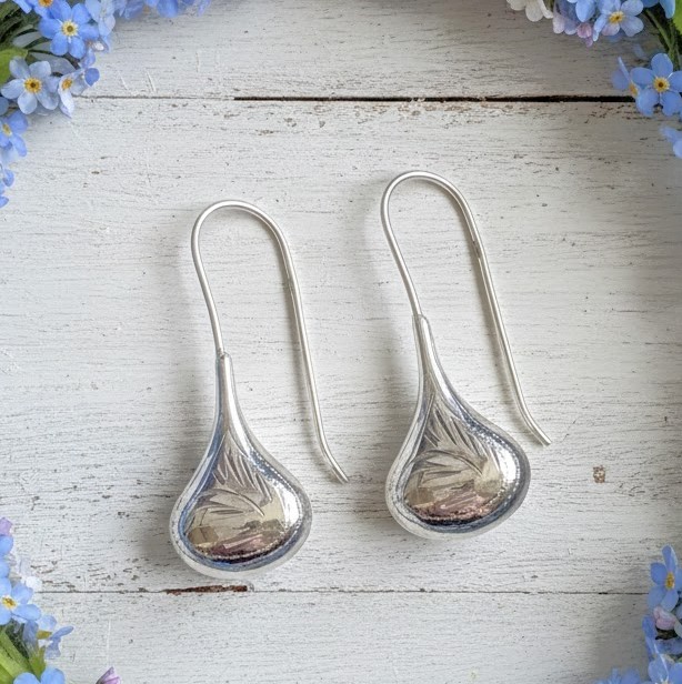 Engraved 925 Sterling Silver Raindrop Earrings