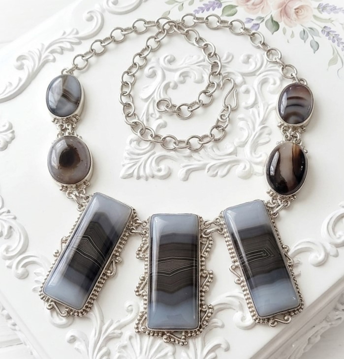 Botswana Blue & Brown Agate Set in 925 Sterling Silver Necklace