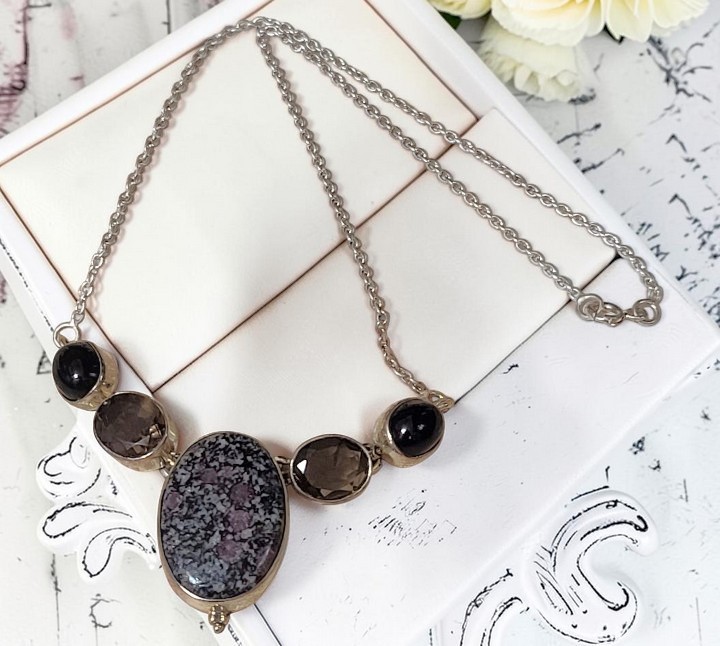Jasper, Black Onyx & Smokey Quartz Gemstone 925 Sterling Necklac