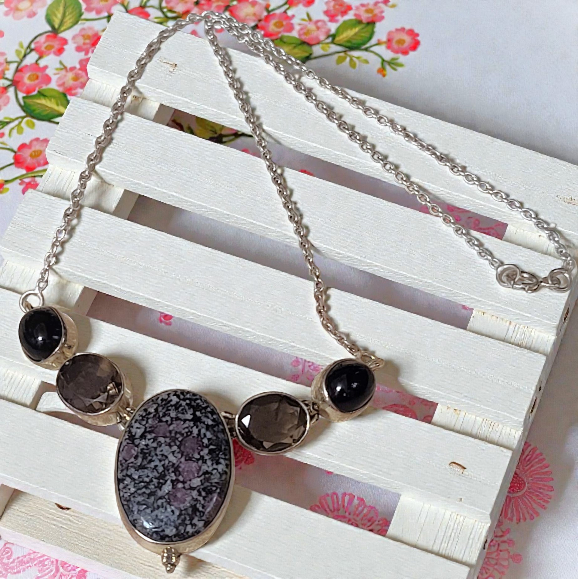 Jasper, Black Onyx & Smokey Quartz Gemstone 925 Sterling Necklac