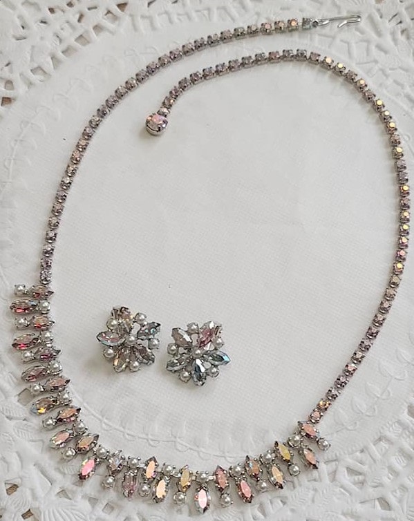 B David Vintage Necklace & Earrings Set Aurora Borealis Stones