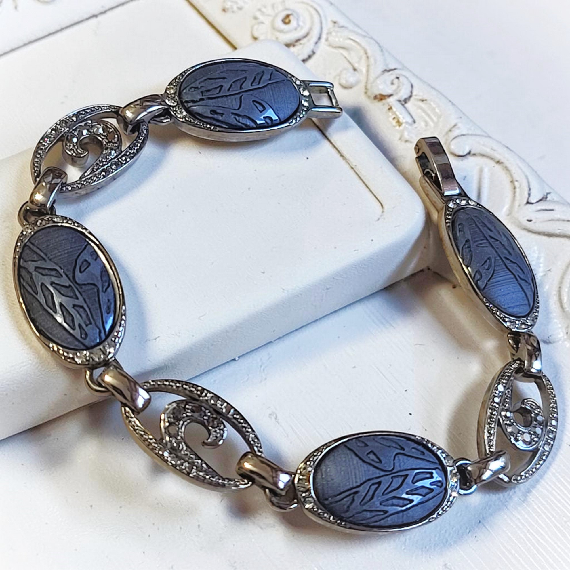 Carved Scarab and Marcasite Pewter Metal Bracelet