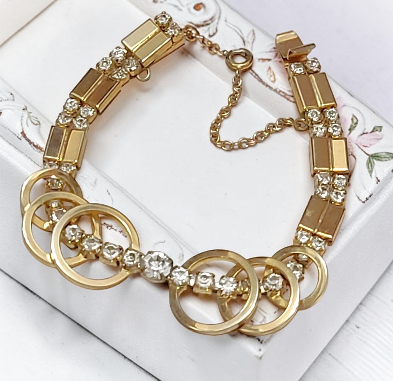 Art Deco Circle Rhinestone Link Bracelet w/Safety Chain