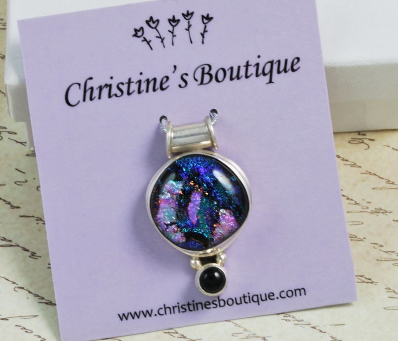 Dichroic Glass & Blk Onyx .925 Sterling Silver Pendant