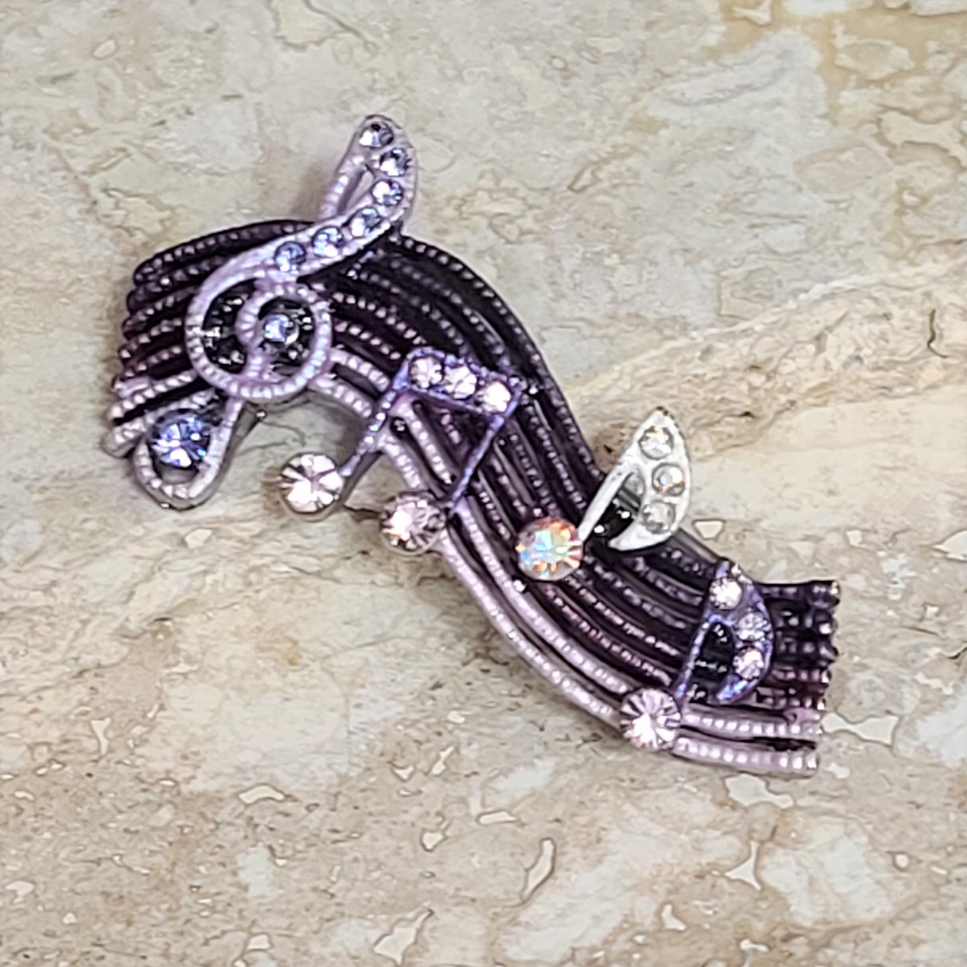 Musical Note Purple Enamel and Rhinestone Pin - Click Image to Close