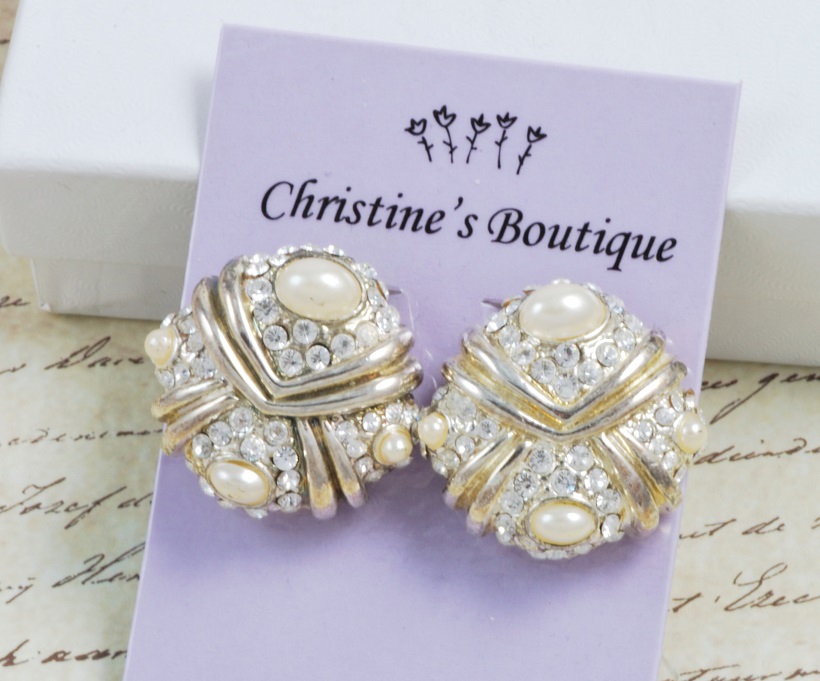 Rhinestone and Pearls Silvertone Clip Earrings