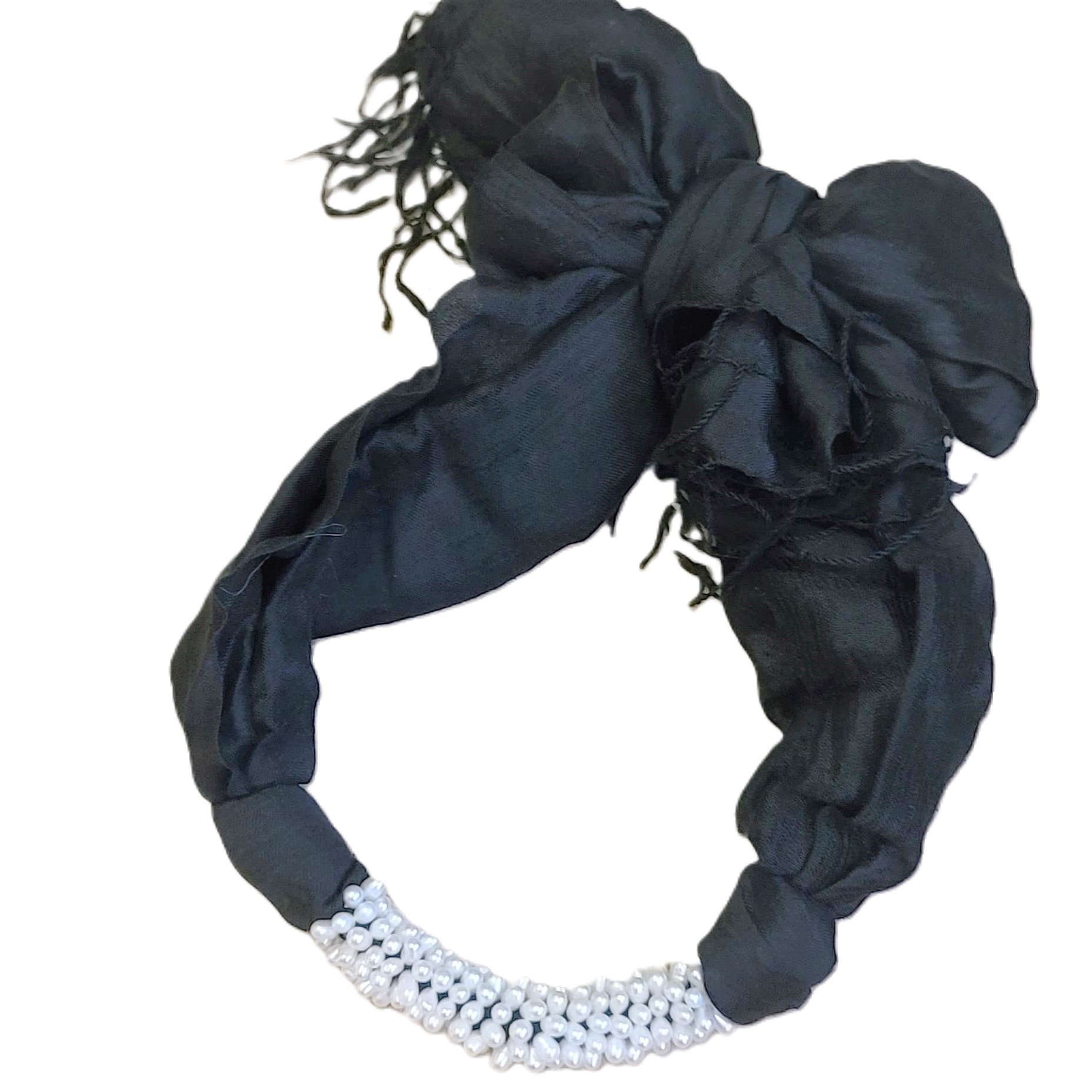 Jeweled geniune freshwater pearls & thai silk scarf - Black